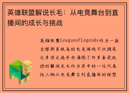 英雄联盟解说长毛：从电竞舞台到直播间的成长与挑战