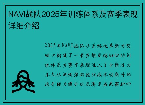 NAVI战队2025年训练体系及赛季表现详细介绍