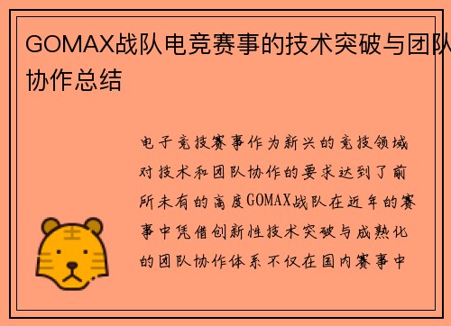 GOMAX战队电竞赛事的技术突破与团队协作总结